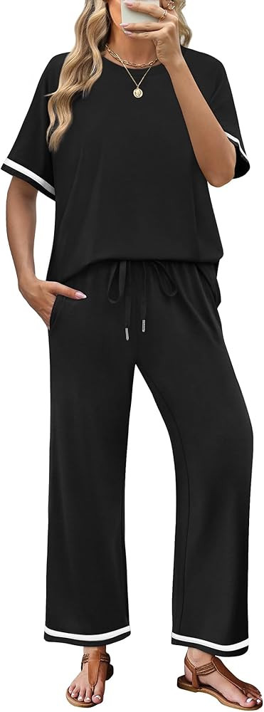 Sampeel 2 Piece Sets for Women Casual Summer Travel Vacation Outfits Short Sleeve Lounge Set | Amazon (US)