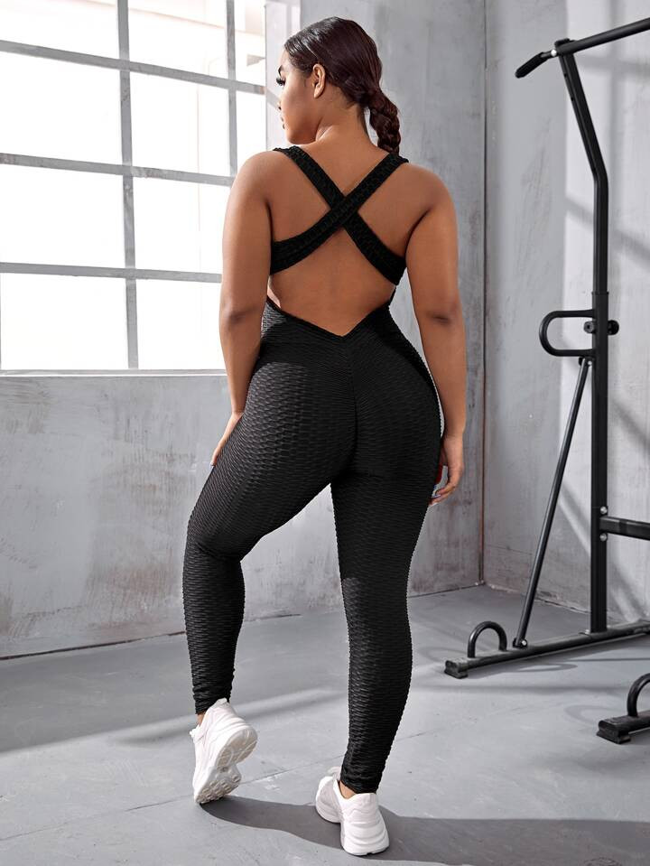 Yoga Basic Plus Criss Cross Backless Textured Sports Jumpsuit | SHEIN