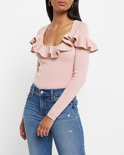 Long Sleeve Ruffle Cropped Sweater | Express