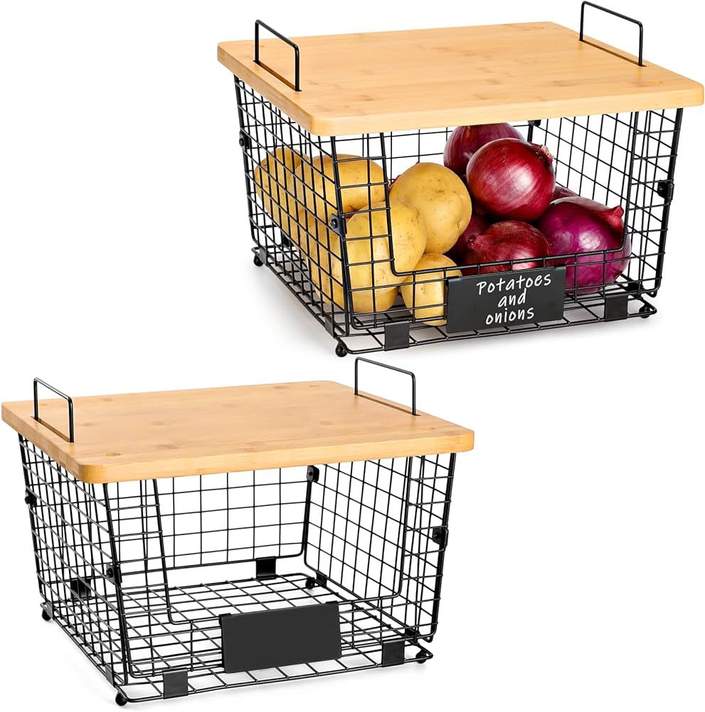 2 Set Stackable Kitchen Counter Basket with Bamboo Top - Pantry Organization and Storage Wire Org... | Amazon (US)