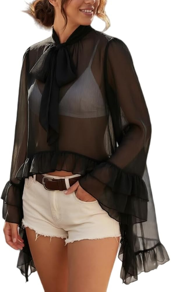 UAURORAO Women Chiffon Blouses Ruffle Sheer Poncho Top Flowy Mesh Cape | Amazon (US)