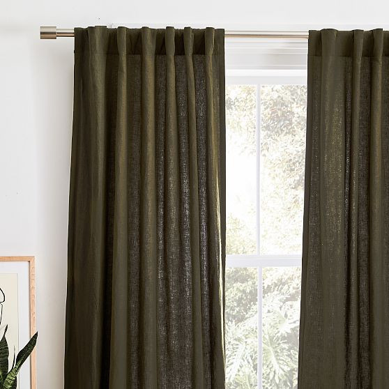 European Flax Linen Curtain, Dark Olive, 48""x96 | West Elm (US)
