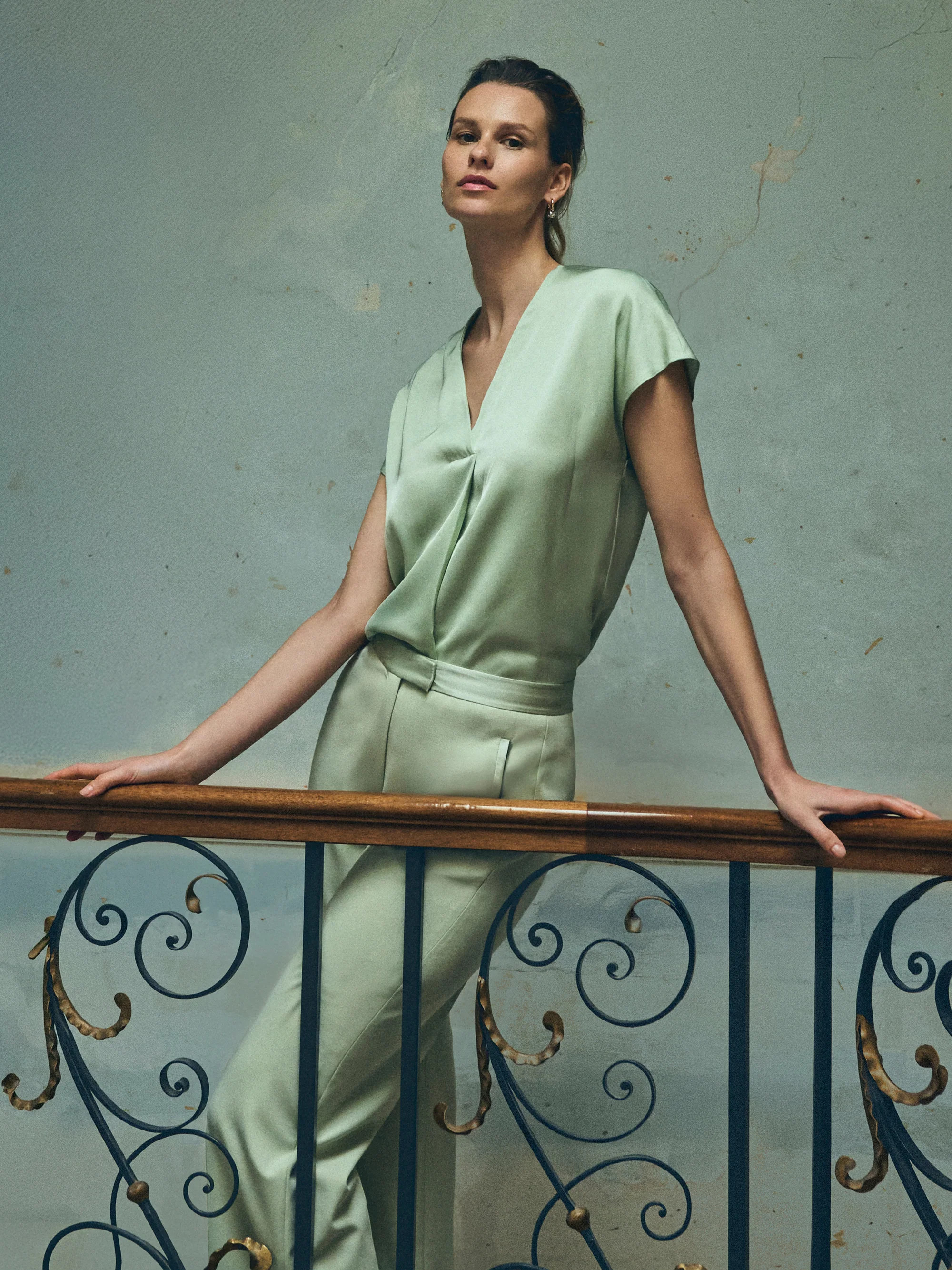 Heavy Satin Pleat Front Top | Pale Green | Jigsaw (UK)