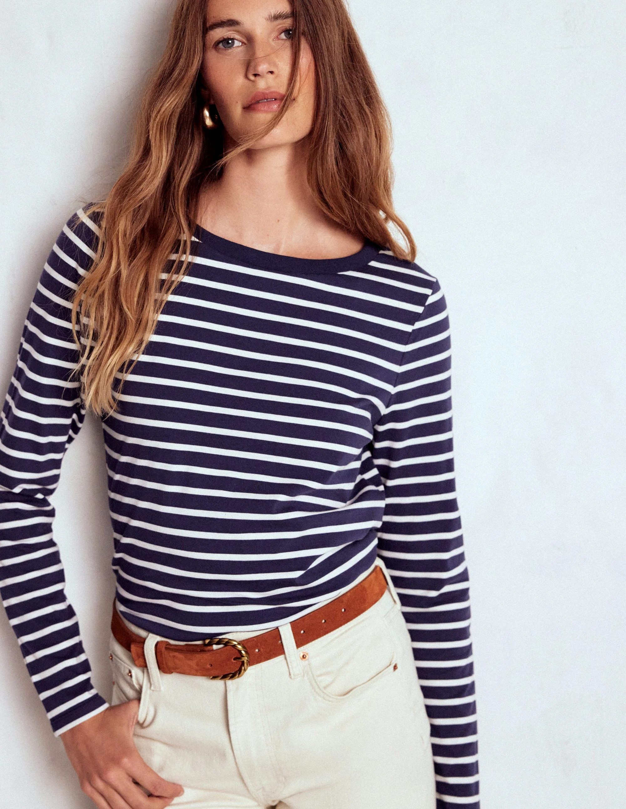 Olivia Long Sleeve Breton-Navy, Ivory | Boden (US)