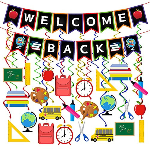 MISS FANTASY Back to School Decorations Welcome Back Decorations Welcome Back to school Banner Hanging Swirl Decor for Kids First Day of Classroom Supplies Favors | Amazon (US)