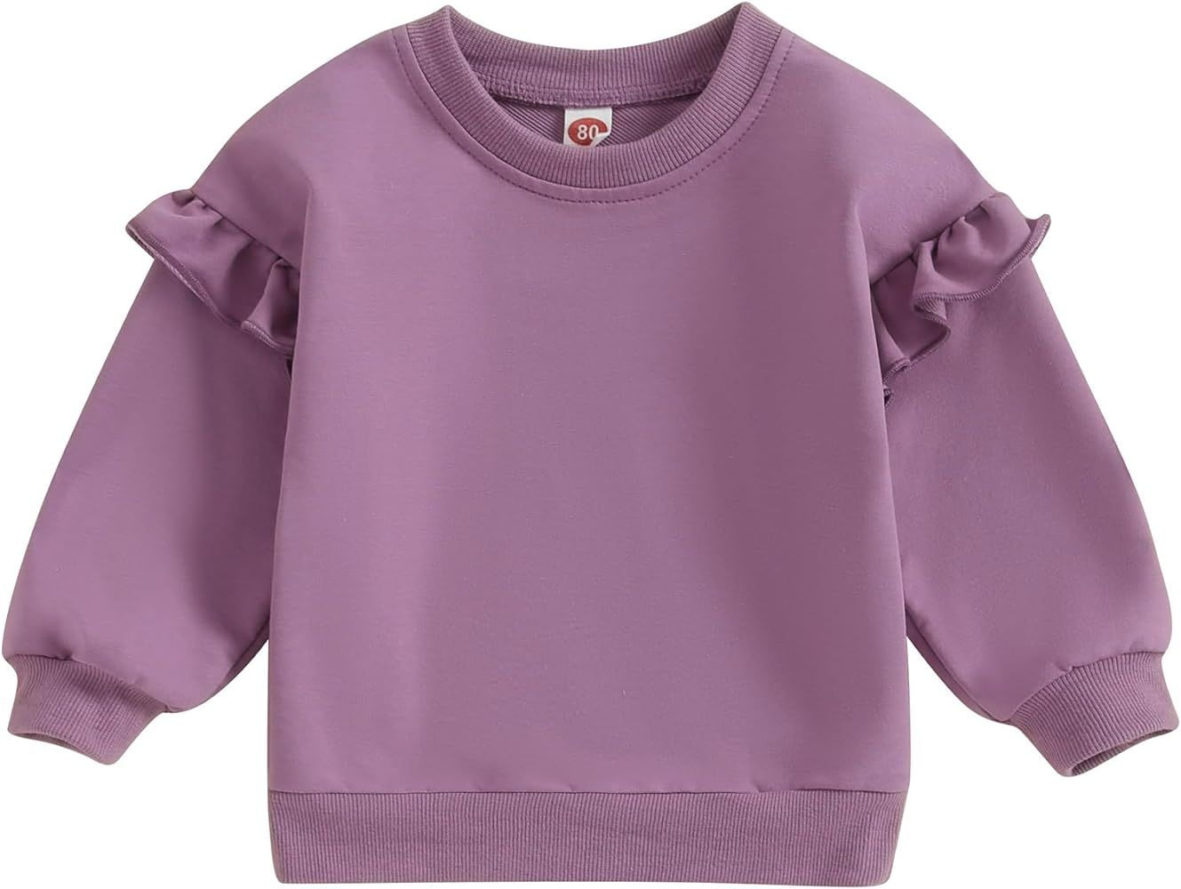 Amiblvowa Toddler Baby Girl Ruffle Sweatshirt Solid Color Crewneck Long Sleeve Pullover Tops Litt... | Amazon (US)