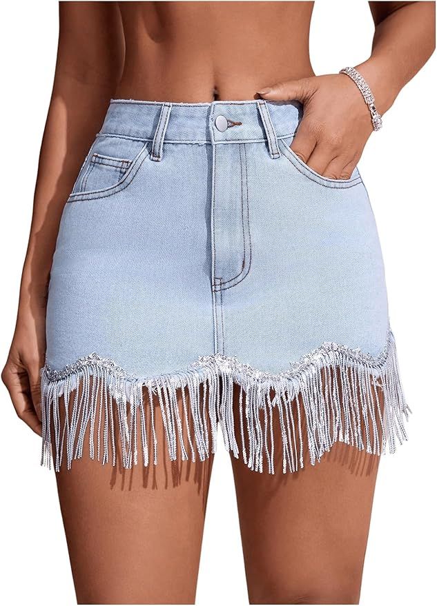 Floerns Women's Bodycon Fringe Hem Mid Waist Pencil Mini Denim Skirts with Pockets | Amazon (US)