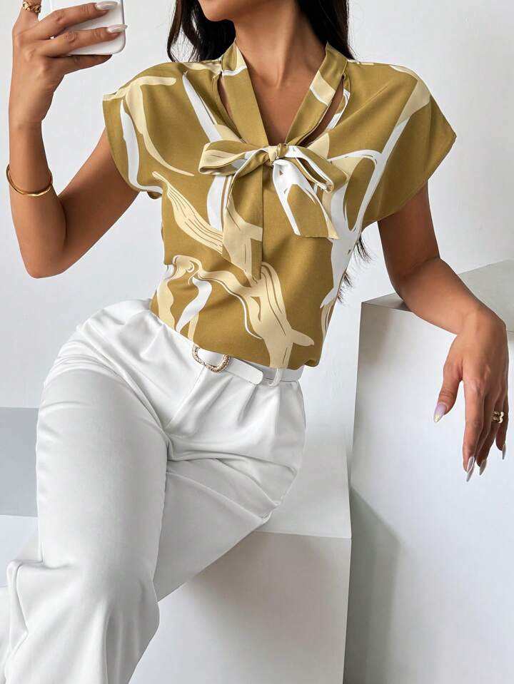 SHEIN Privé Women's Summer Color Block Chiffon Blouse With Flutter Sleeves And Bow Tie Neck | SHEIN