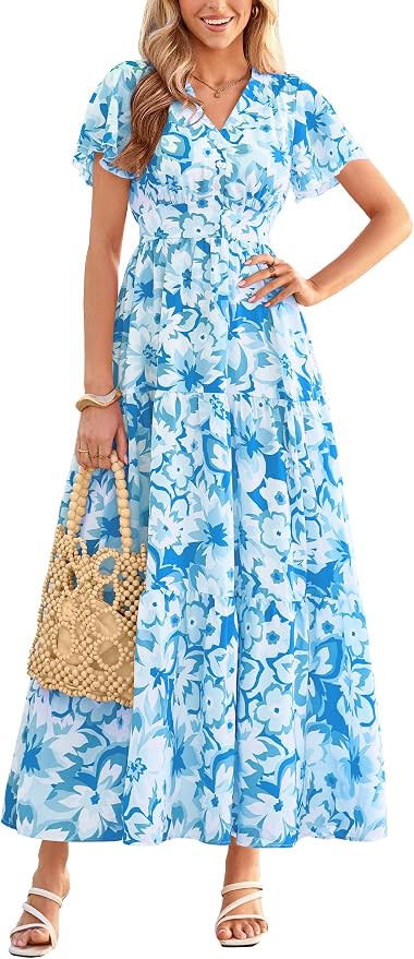 PRETTYGARDEN Women Summer Maxi Dresses 2026 Short Sleeve V Neck Button Floral Tiered Flowy Boho S... | Amazon (US)