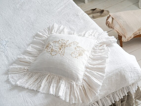 Monogram pillows linen shabby chic. Monogrammed pillows With Super Dense Ruffles. Gorgeous French... | Etsy (US)