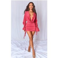 Petite Hot Pink Long Ruched Sleeve Cowl Neck Bodycon Dress, Hot Pink | PrettyLittleThing UK