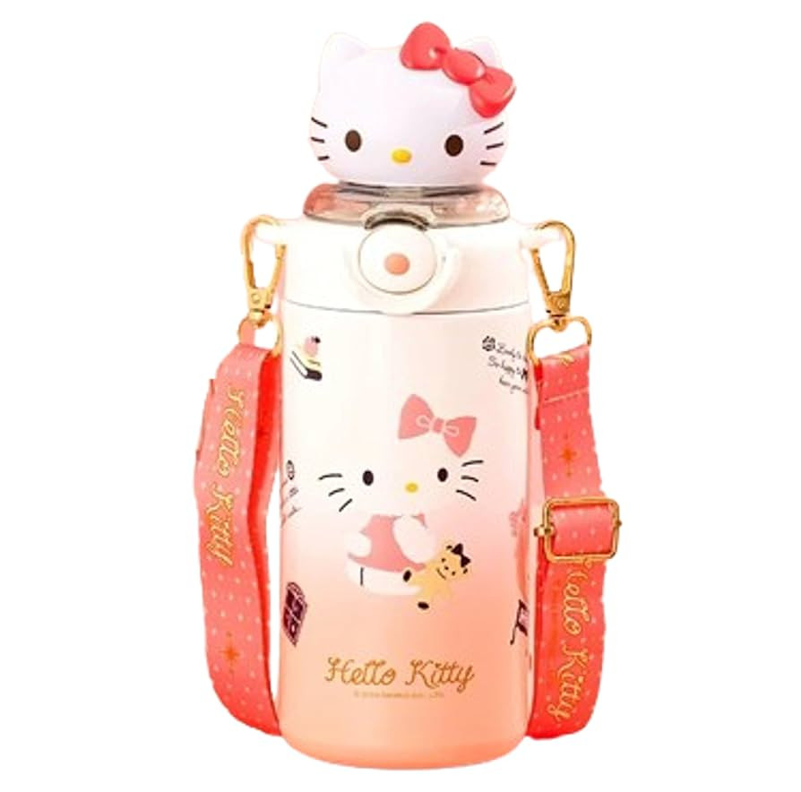 Hello Kitty Pink Stainless Steel Insulated Water Bottle (Straw) with Strap 600ml | Amazon (US)