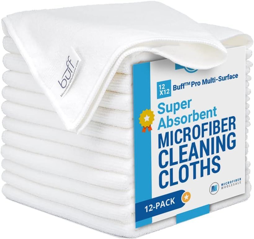 12" x 12" Buff Pro Multi-Surface Microfiber Cleaning Cloths | White - 12 Pack | Premium Microfibe... | Amazon (US)