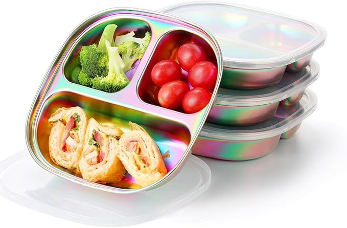 AIEVE Stainless Steel Kids Plates, Pack of 4 Stainless Steel Toddler Plate with Lids | Amazon (US)