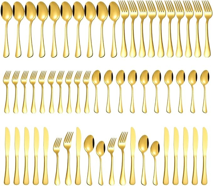 Gold Silverware Set for 12, Compralo 60 Pieces Stainless Steel Shiny Gold Flatware Set, Cutlery T... | Amazon (US)