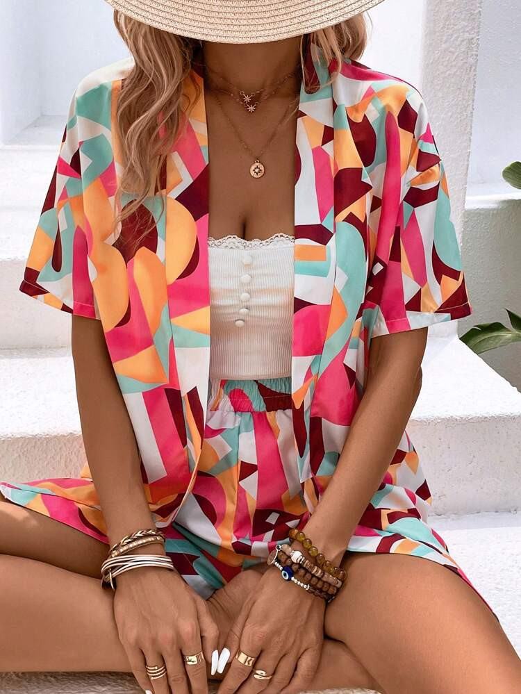 SHEIN VCAY Allover Print Open Front Blouse & Shorts | SHEIN
