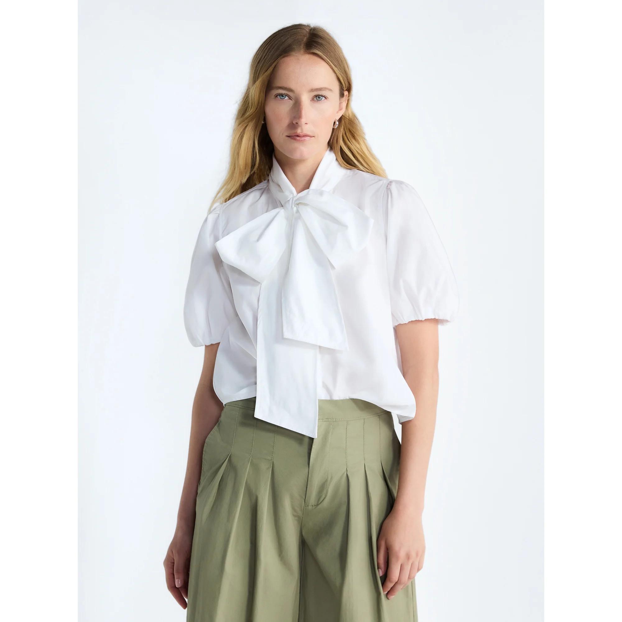 Free Assembly Women's Cotton Bow Blouse with Short Puff Sleeves, Sizes XS-XXL - Walmart.com | Walmart (US)