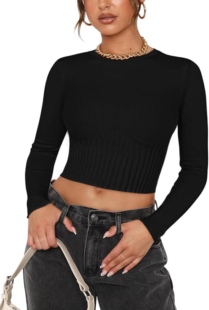 REORIA Women's Trendy Fall Crew Neck Cropped Sweater Long Sleeve Ribbed Knit Pullover Basic Crop ... | Amazon (US)