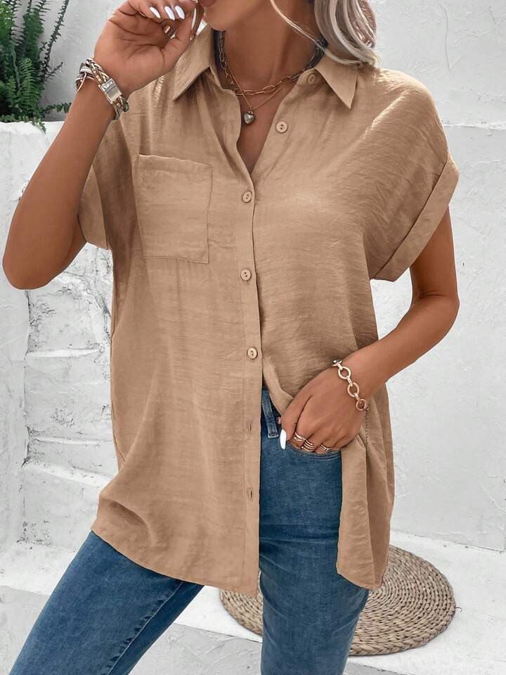 SHEIN LUNE Women's Button Front Short Sleeve Shirt With Pockets | SHEIN