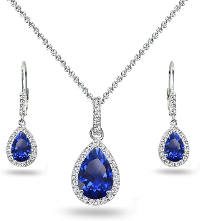 B. BRILLIANT Women Jewelry Set Sterling Silver Genuine or Simulated Gemstone Teardrop Dangling Ne... | Amazon (US)