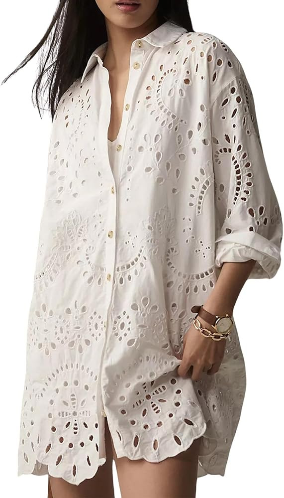 CHARTOU Women Eyelet Lace Dress Button Down Shirt Loose Fit Summer Casual Mini Dress | Amazon (US)