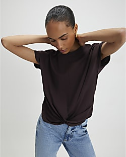 Brown Short Sleeve Twist Front T-Shirt | River Island UK & IE