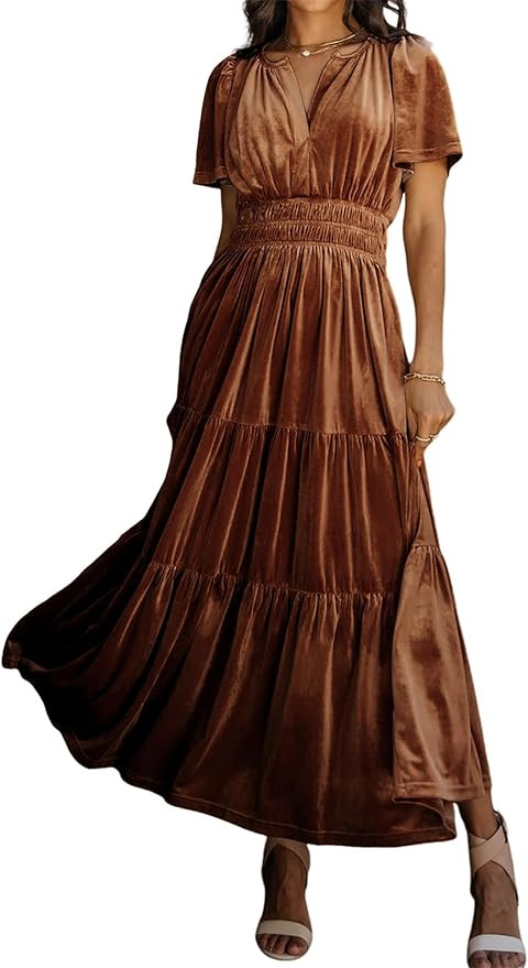 R.Vivimos Women's Fall Winter Vintage Velvet Dress Short Sleeve V Neck Elastic Waist Tiered Ruffl... | Amazon (US)