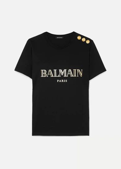Balmain - Button-embellished Printed Cotton-jersey T-shirt - Black | NET-A-PORTER (US)