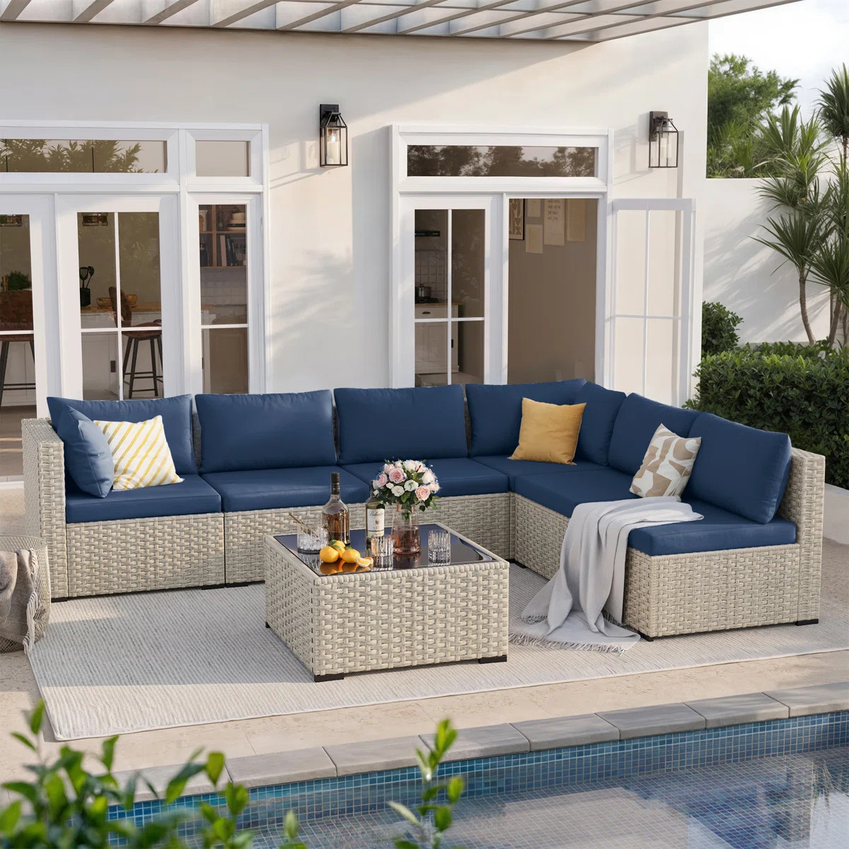 7 Piece Patio Conversation Set with Coffee Table and Cushions | Wayfair North America