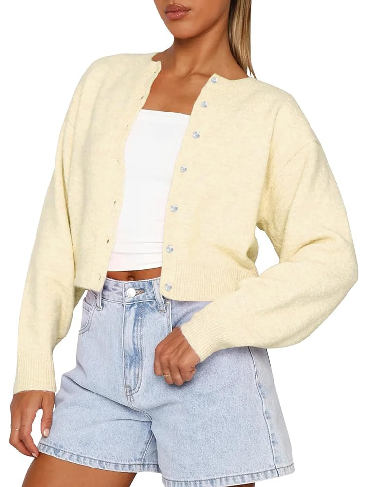 Balimtoy Women's Cropped Cardigan Sweaters Long Sleeve Button Down Sweaters Knit Cardigan Cute Y2... | Amazon (US)