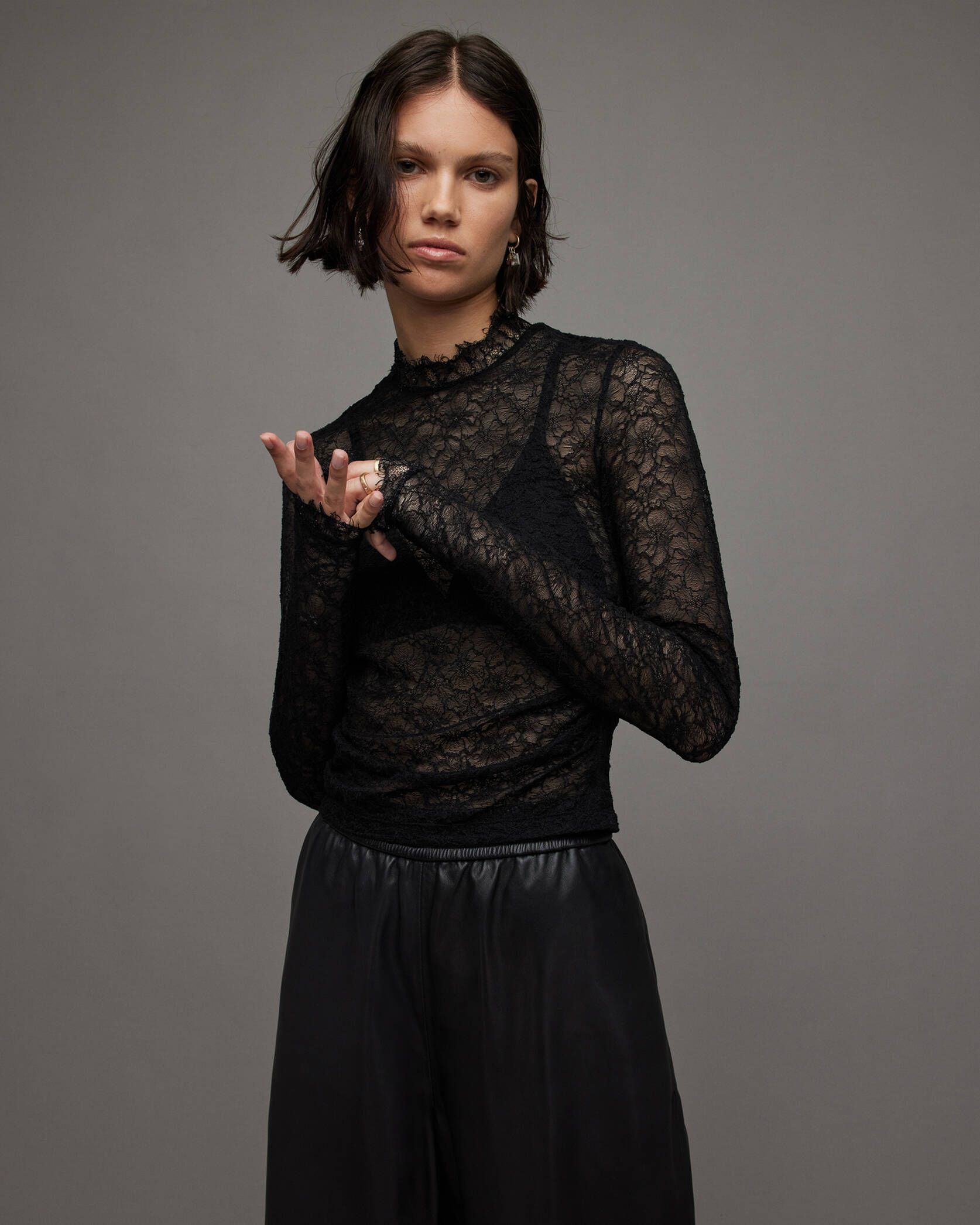 Francesco Long Sleeve Sheer Lace Top Black | ALLSAINTS US | AllSaints US