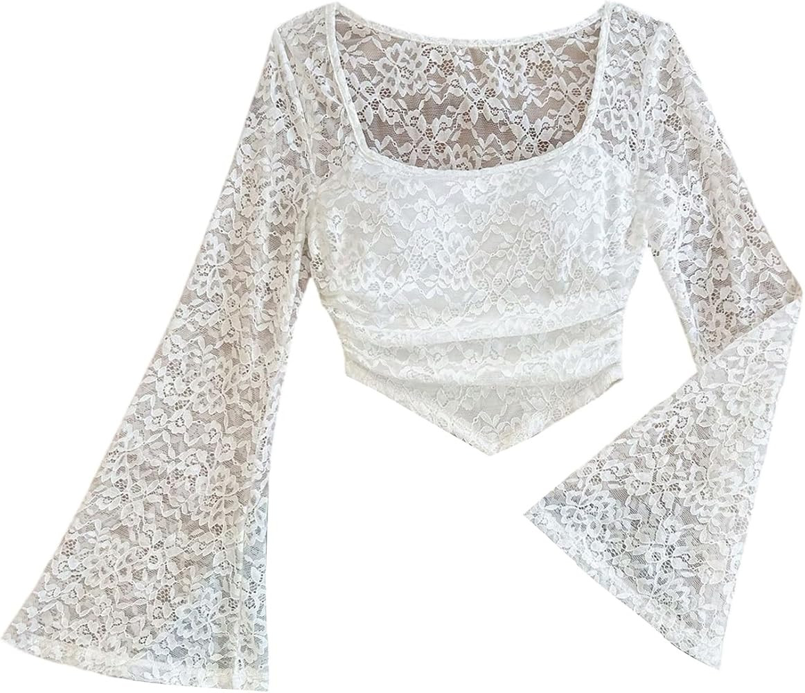GORGLITTER Langarmshirt Damen Elegant Festlich Spitzen Oberteile Sexy Crop Tops Trachtenbluse Spi... | Amazon (DE)