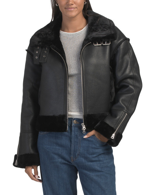 Cropped Faux Leather And Shearling Aviator Jacket | TJ Maxx