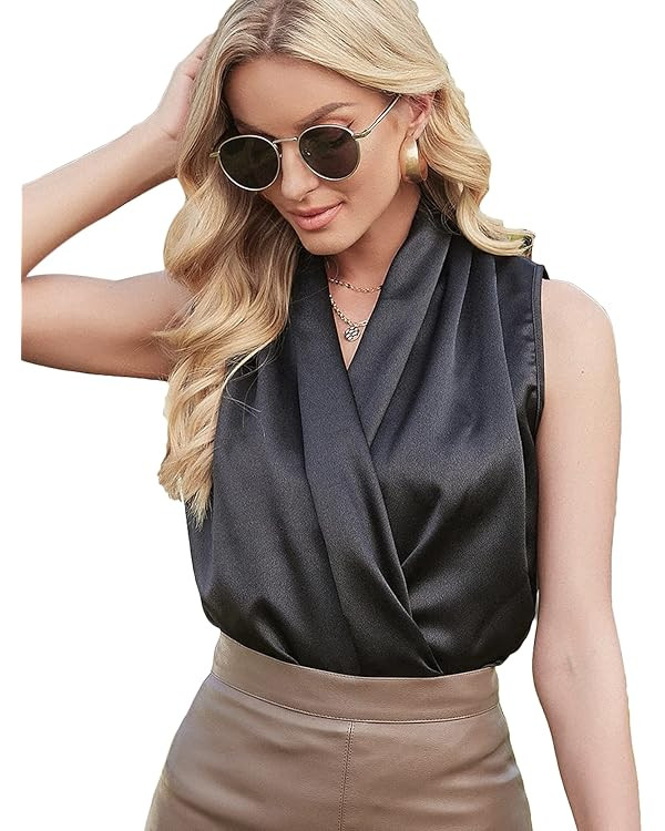 LYANER Women's Elegant Satin Wrap V Neck Sleeveless Tank Blouse Tee Top | Amazon (US)