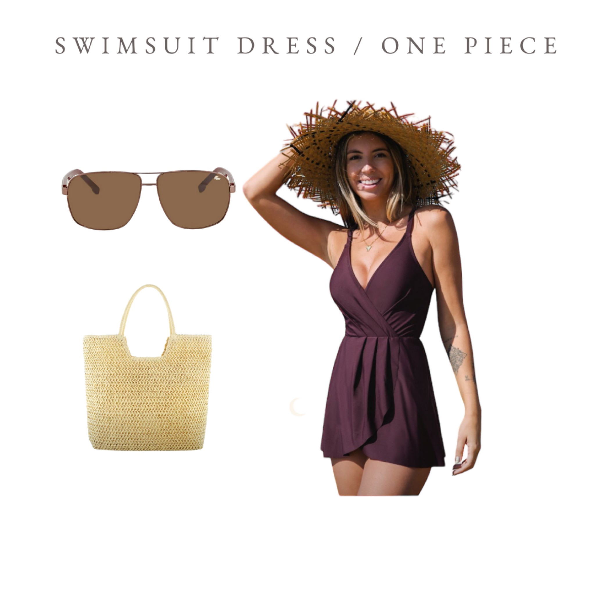 Swimsuit dress, one piece swim dress. Beach bag and sunglasses 

#LTKtravel #LTKitbag #LTKswim