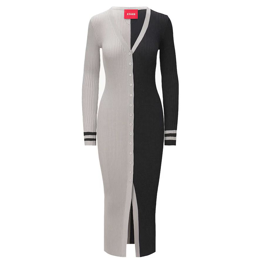 Women's Las Vegas Raiders STAUD Silver/Black Shoko Knit Button-Up Sweater Dress | NFL Shop