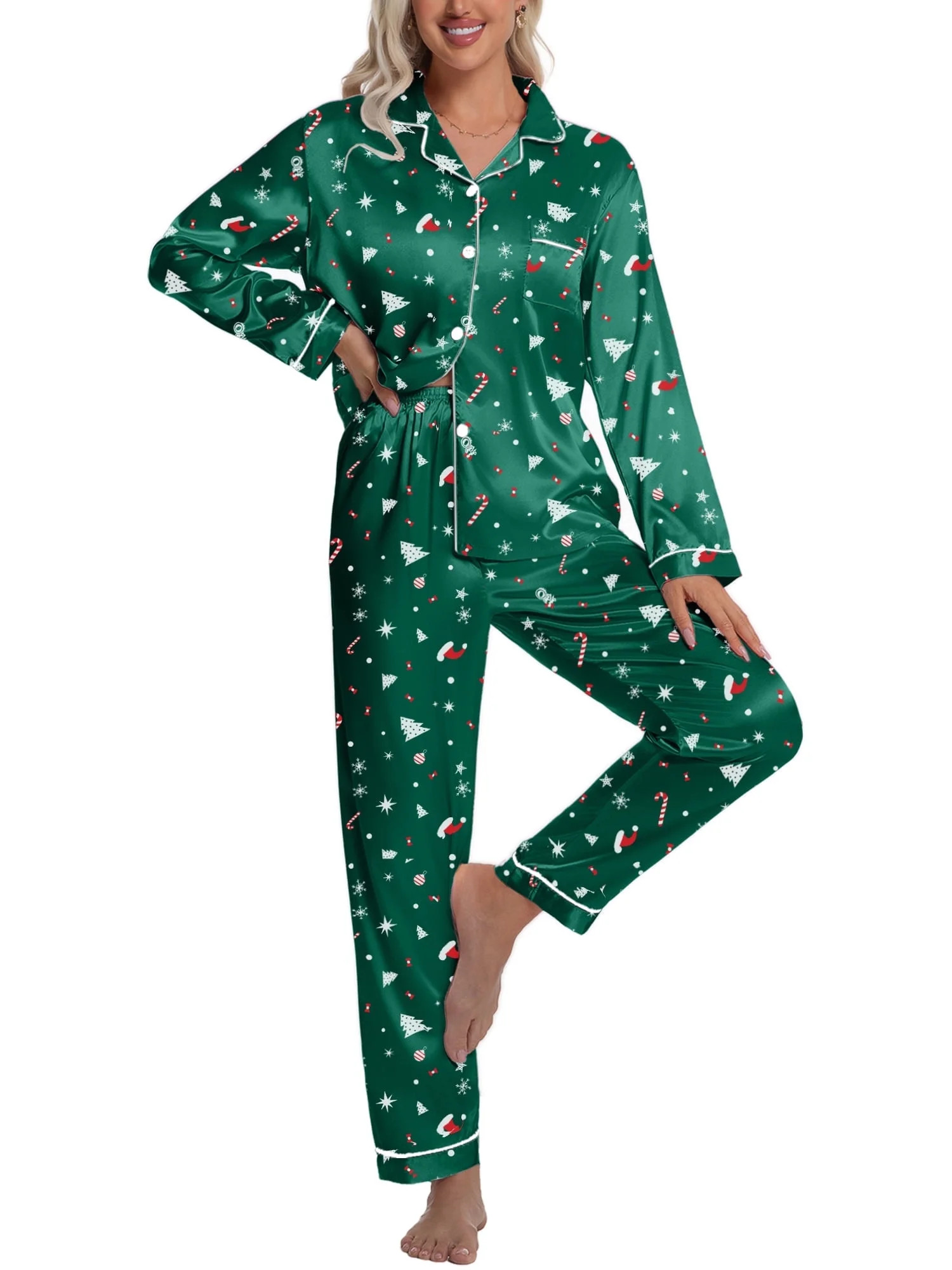 DAKIMOE Silk Satin Pajamas Set Womens Christmas Pajamas Long Sleepwear Button Down 2 Piece Classi... | Walmart (US)