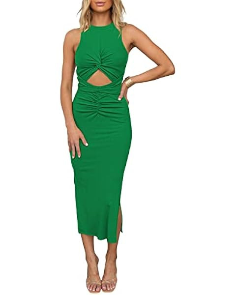 oten Women's Casual Sleeveless Cutout Twist Front Side Slit Ribbed Knit Party Bodycon Midi Dresse... | Amazon (US)
