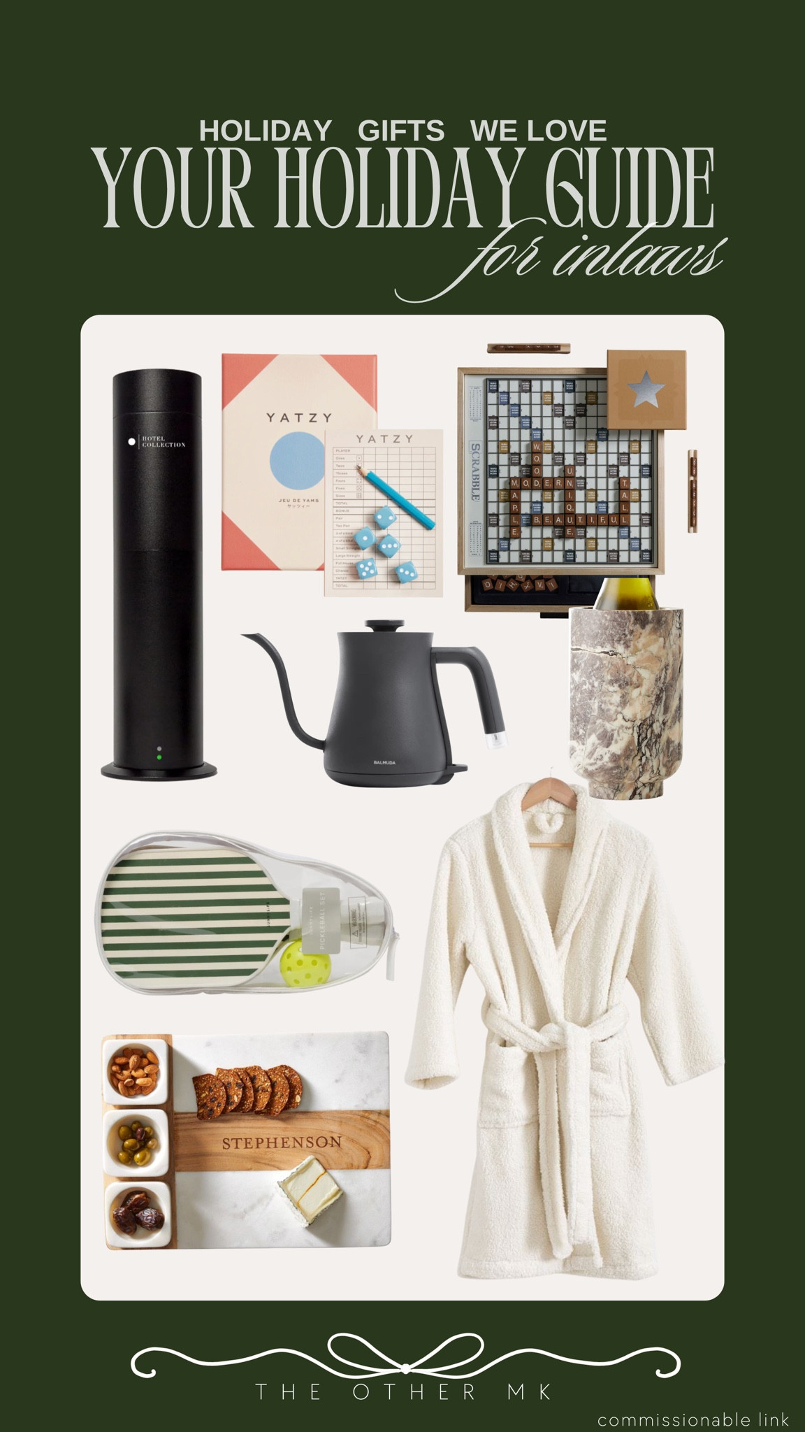 holiday gifts, Christmas gifts, trendy gifts, wishlist, holiday favorites, gifts for inlaws, yatzy, scrabble, tea kettle, robe, pickleball rack, scent diffuser, appetizer serving board, wine chiller 

#LTKHoliday #LTKSeasonal #LTKGiftGuide
