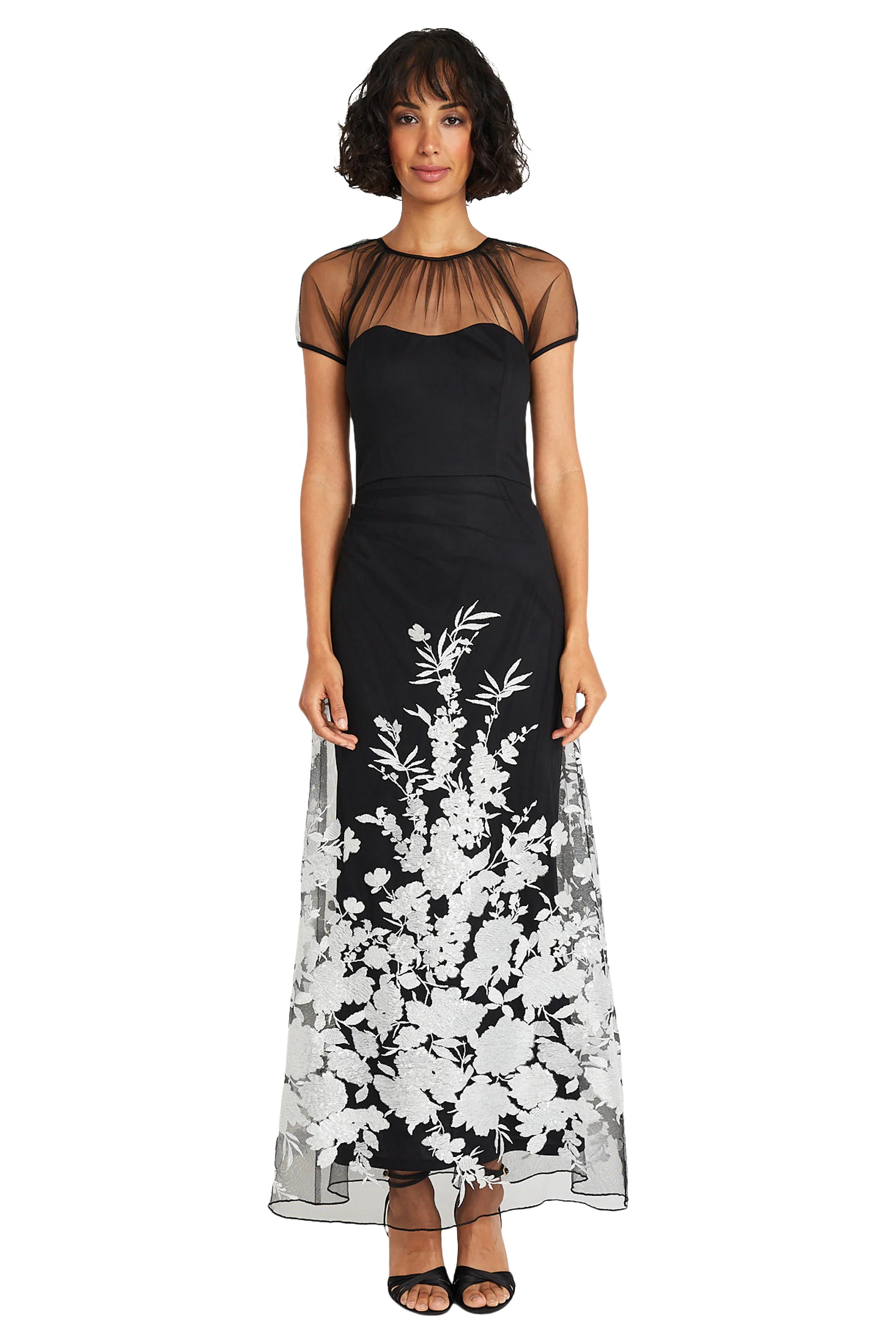 CAP SLEEVE DRAPED MAXI DRESS, FLORAL ILLUSION GOWN | Maggy London
