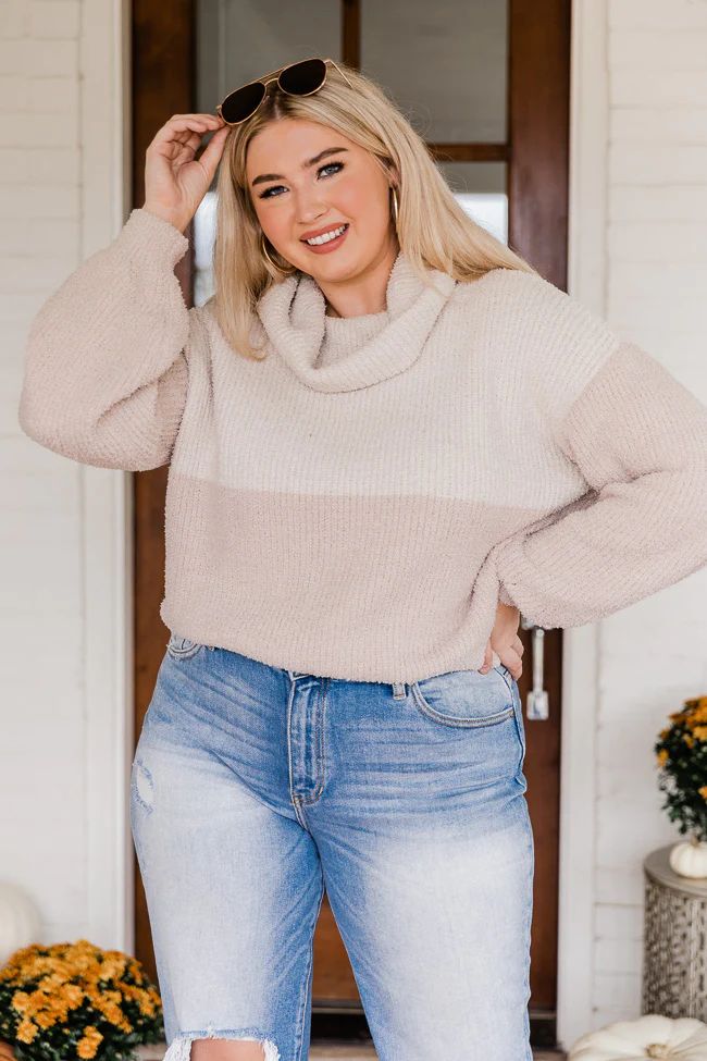 One Glance Oatmeal Colorblock Cowl Neck Sweater | The Pink Lily Boutique