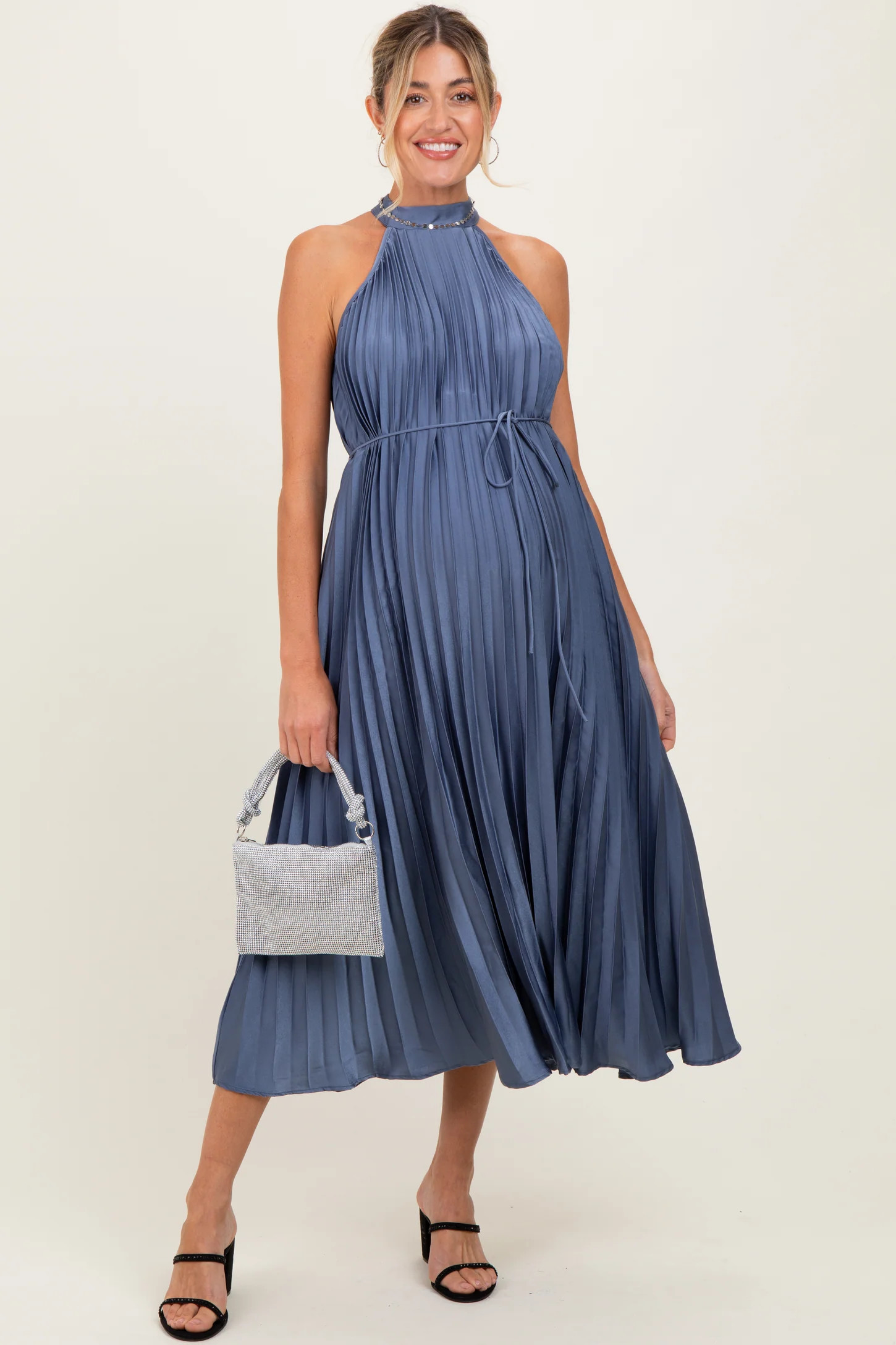 Navy Blue Pleated Maternity Halter Dress | PinkBlush Maternity
