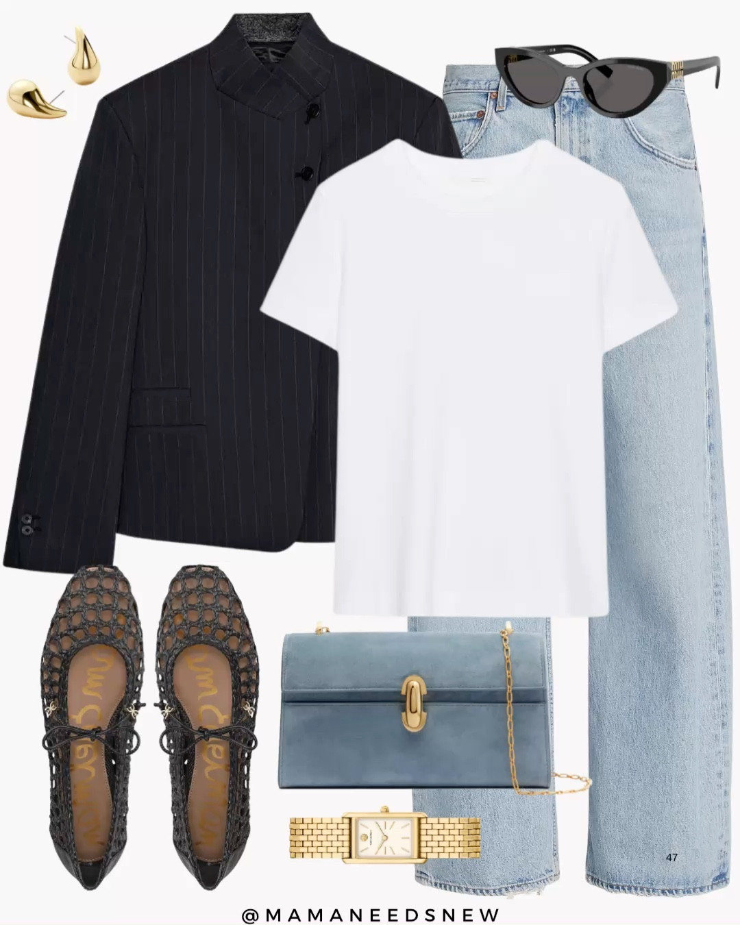A spring outfit with a high collar blazer, white tshirt, light wash jeans, woven flats and suede shoulder bag 🩵🖤