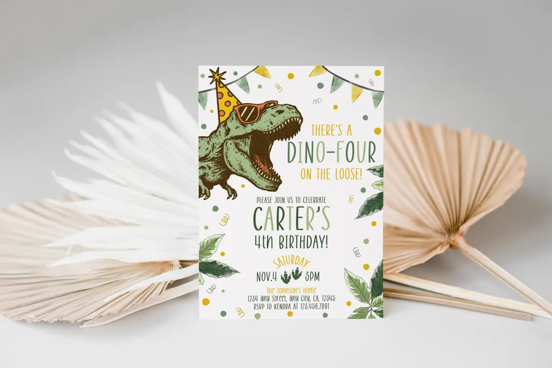 Dino-four Birthday Invitation, Editable Dinosaur Birthday Invite, T-rex Birthday ,dino Party, Din... | Etsy (US)