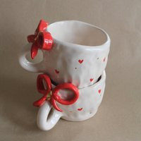 Handmade Ceramic Mug & Dessert Plate Set Red Bowtie, Hearts, Gold Dots | Etsy (US)