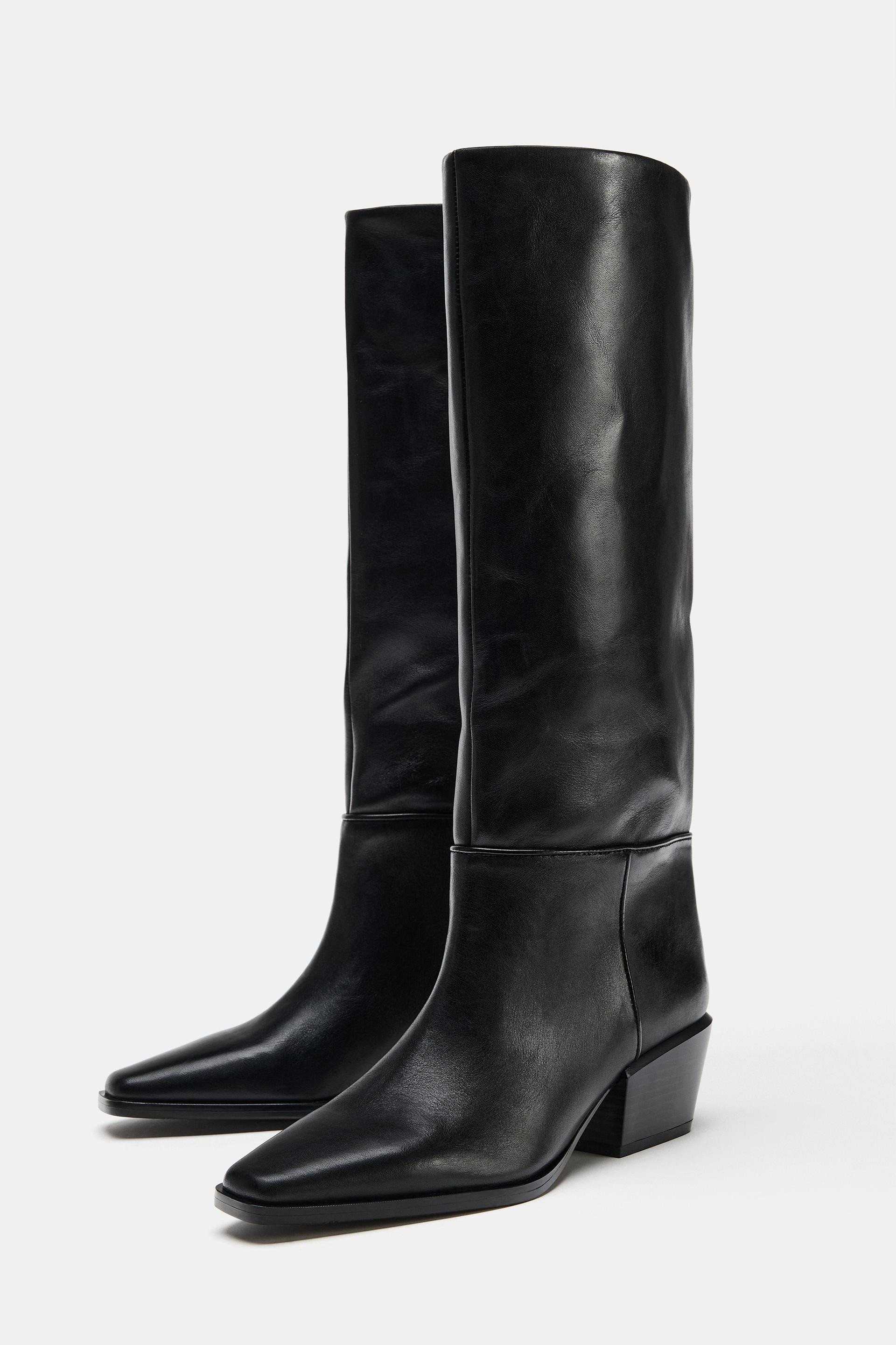 Zara - Leather Wide Heel Boots - Black - 6 - Woman | Zara US