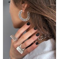 Curb Chain Earrings, Chunky Hoop Twisted Links Statement Drop Modern Rock Antique Silver Earrings | Etsy (US)