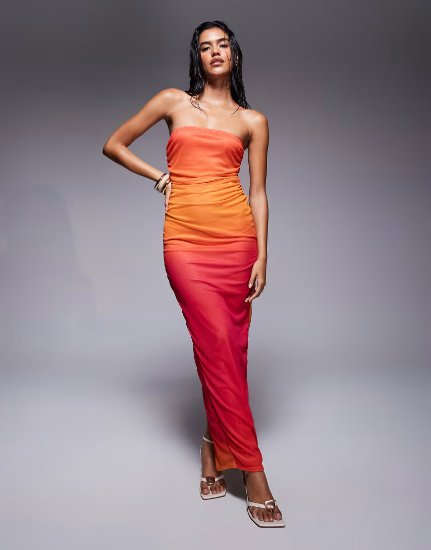 Missyempire mesh bandeau ruched side detailing maxi dress in orange ombre | ASOS (Global)