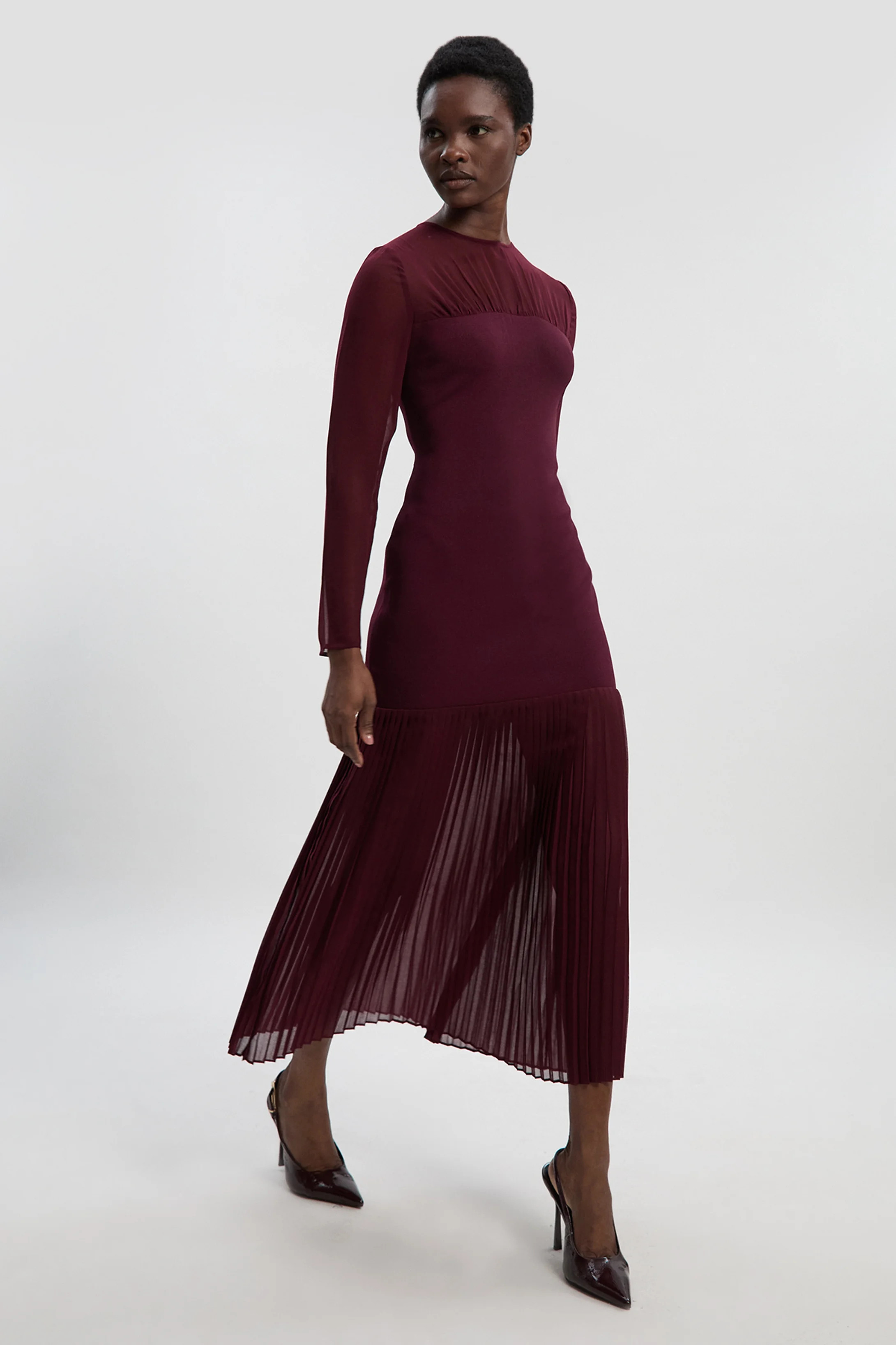 Woven Knit Mix Pleated Midi Dress | Karen Millen UK + IE + DE + NL