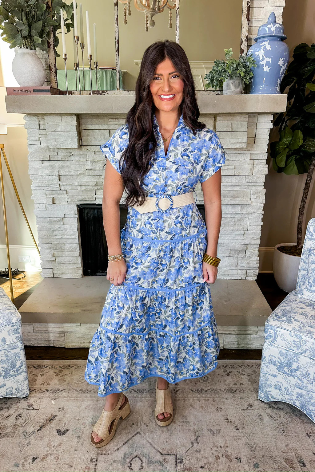 Blue Floral Raffia Belted Tiered Midi Dress | Jules & James Boutique